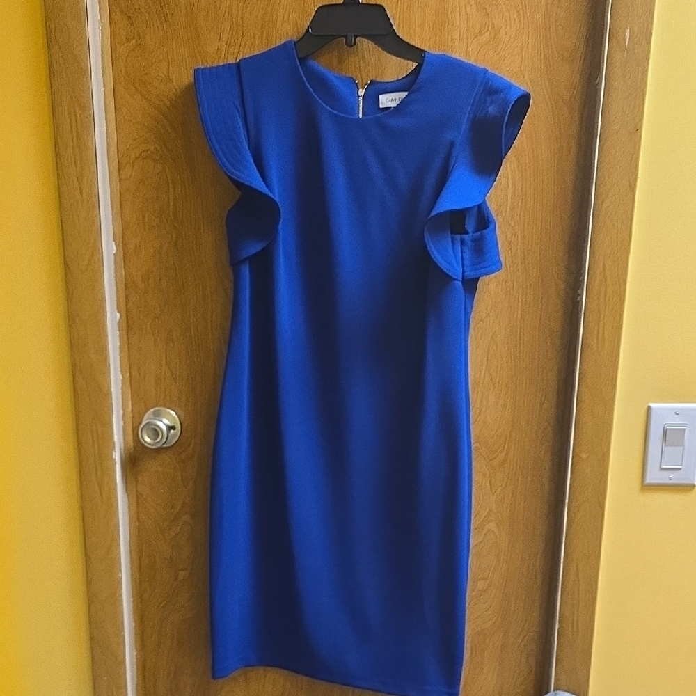 Calvin Klein Blue Sheath Dress with Flutter Cap Sleeves